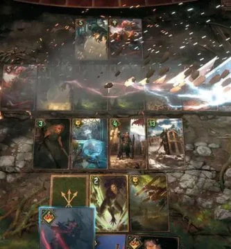Gwent gameplay in The Witcher series with a fantasy-themed card deck.