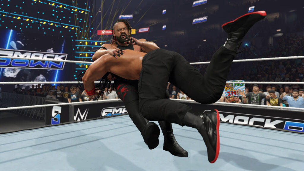 WWE 2K25 game screenshot showing a wrestling match in progress