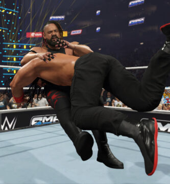 WWE 2K25 game screenshot showing a wrestling match in progress