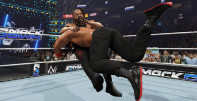 WWE 2K25 game screenshot showing a wrestling match in progress