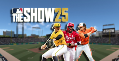 MLB The Show 25 game cover on PlayStation 5 with baseball stadium background
