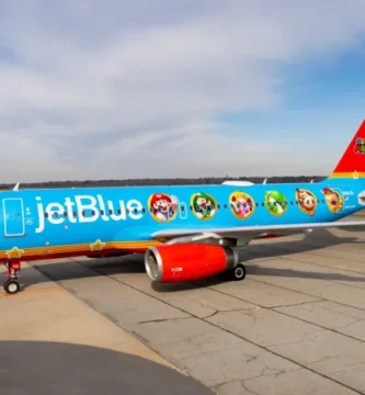 JetBlue airplane featuring Nintendo-themed artwork, celebrating the special crossover event.