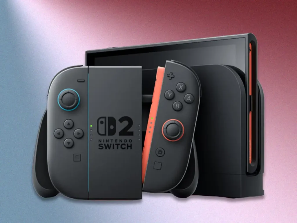 A Nintendo Switch 2 console with a high sales chart in the background