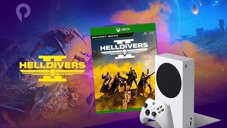 Helldivers 2 gameplay screenshot with soldiers fighting alien creatures in a battlefield.
