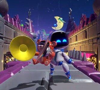 Astro Bot jumping alongside a robotic bear in a lush mountainous level.
