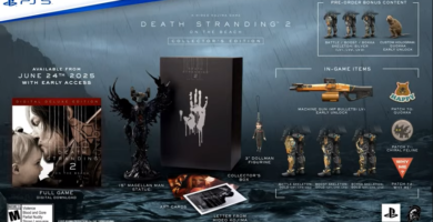 Death Stranding 2 Collector’s Edition featuring Mållånn Man statue, art cards, and exclusive in-game items.