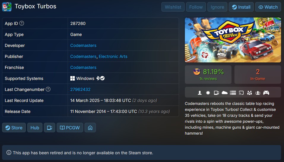 Steam game library showing delisted EA and Codemasters titles