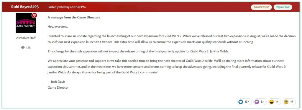 Guild Wars 2 expansion delay announcement
