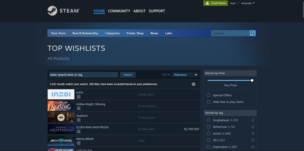 InZOI surpassing Hollow Knight: Silksong on Steam charts, ranking higher in trending games.