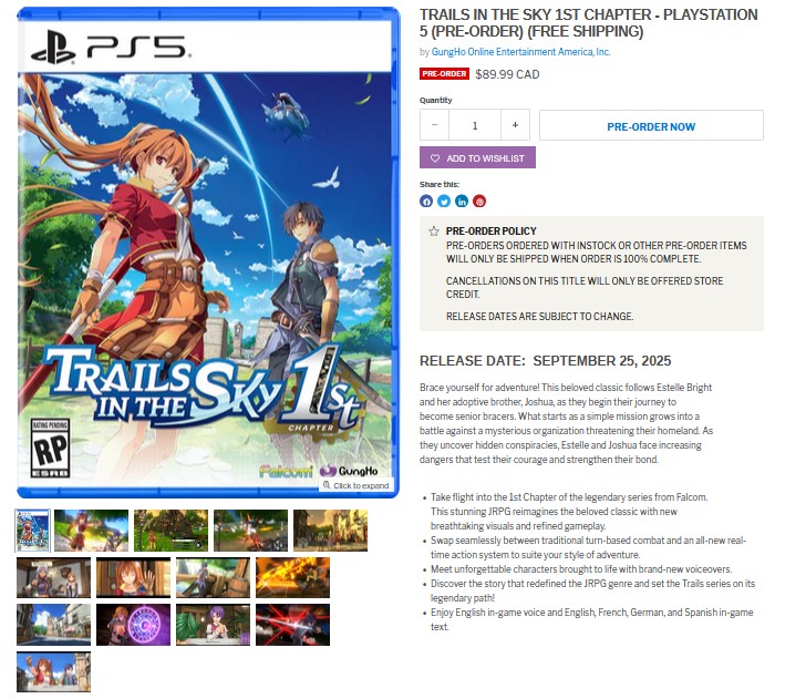Trails in the Sky 1st Chapter Remake PlayStation 5 game cover with potential release date leak