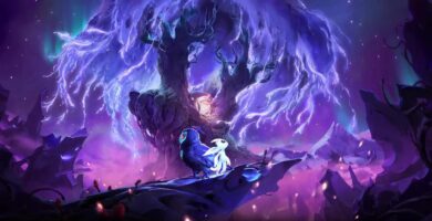 Ori from Ori and the Blind Forest standing in a mystical glowing forest with a beautiful atmosphere.