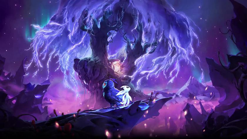 Ori from Ori and the Blind Forest standing in a mystical glowing forest with a beautiful atmosphere.