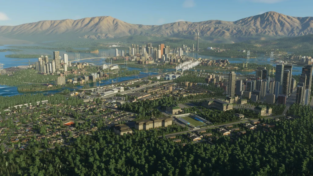 Cities: Skylines II gameplay screenshot with a city skyline view.