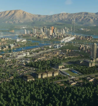 Cities: Skylines II gameplay screenshot with a city skyline view.