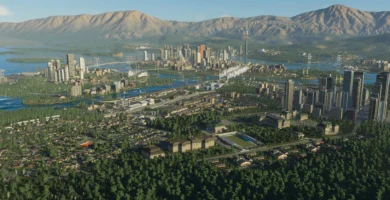 Cities: Skylines II gameplay screenshot with a city skyline view.