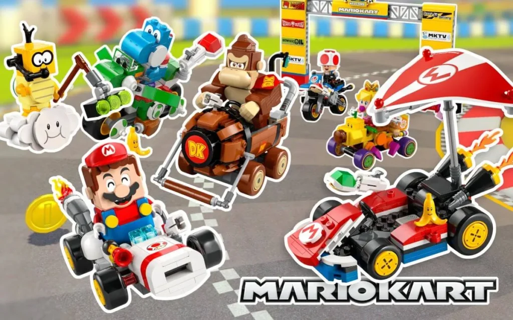 LEGO Mario Kart set showing characters and race track elements.