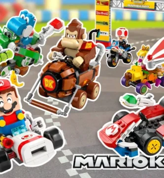 LEGO Mario Kart set showing characters and race track elements.