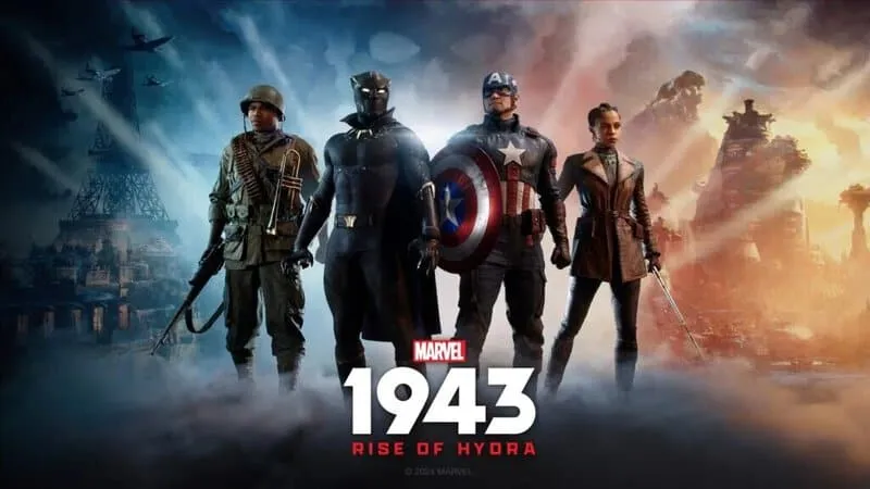 Marvel 1943: Rise of Hydra logo with a dark and intense war-themed background