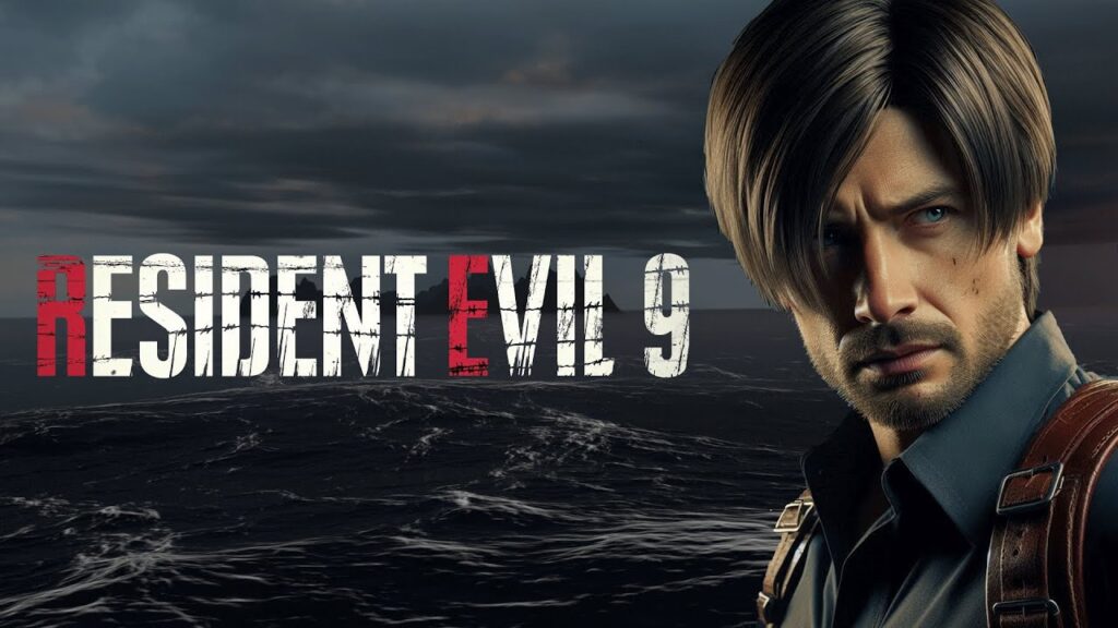 Resident Evil 9 game logo with dark horror-themed background