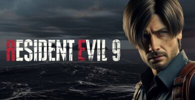 Resident Evil 9 game logo with dark horror-themed background