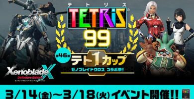 Tetris 99 and Xenoblade Chronicles X crossover event featuring game-themed visuals