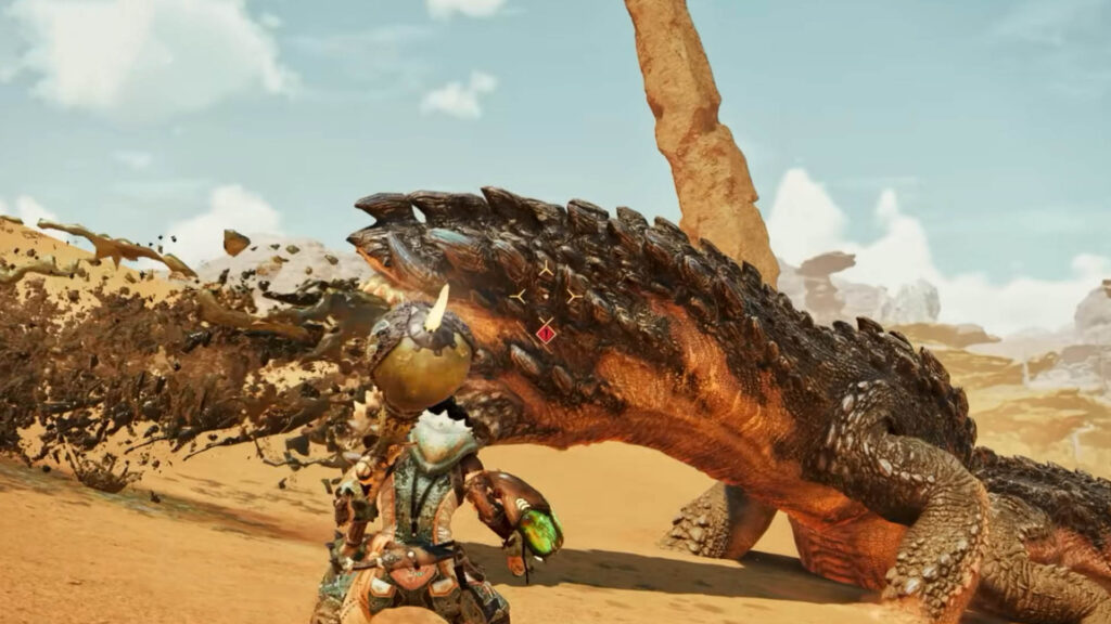 Monster Hunter Wilds gameplay screenshot showcasing a vast open-world environment with a hunter battling a massive monster.