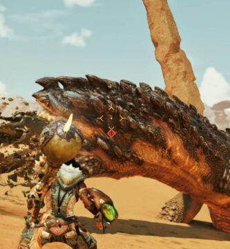 Monster Hunter Wilds gameplay screenshot showcasing a vast open-world environment with a hunter battling a massive monster.