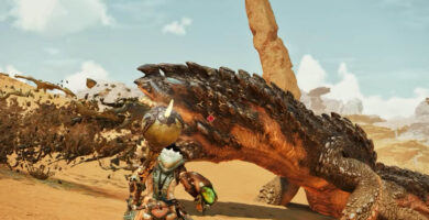 Monster Hunter Wilds gameplay screenshot showcasing a vast open-world environment with a hunter battling a massive monster.