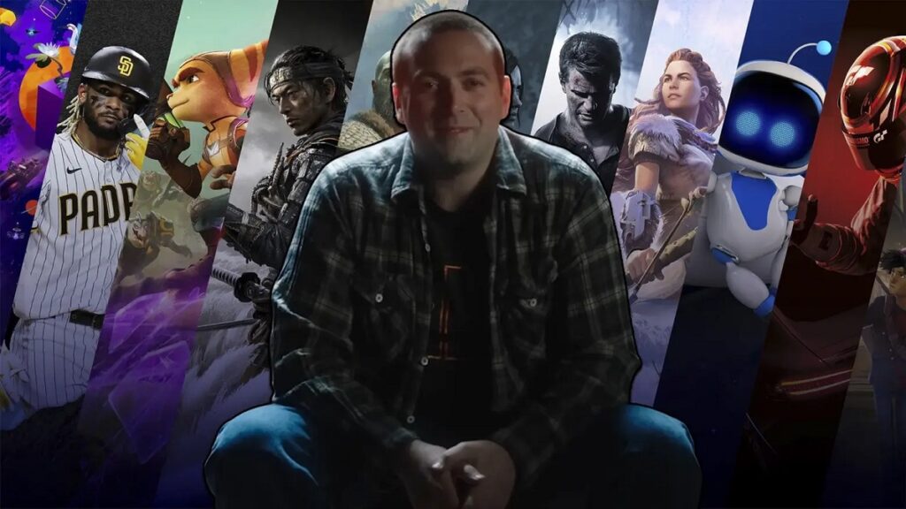 Jason Blundell at Dark Outlaw Games studio with PlayStation branding