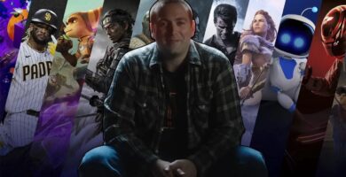 Jason Blundell at Dark Outlaw Games studio with PlayStation branding