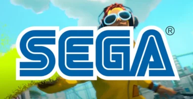 Sega logo with a background of gaming icons, symbolizing changes in game development strategy.