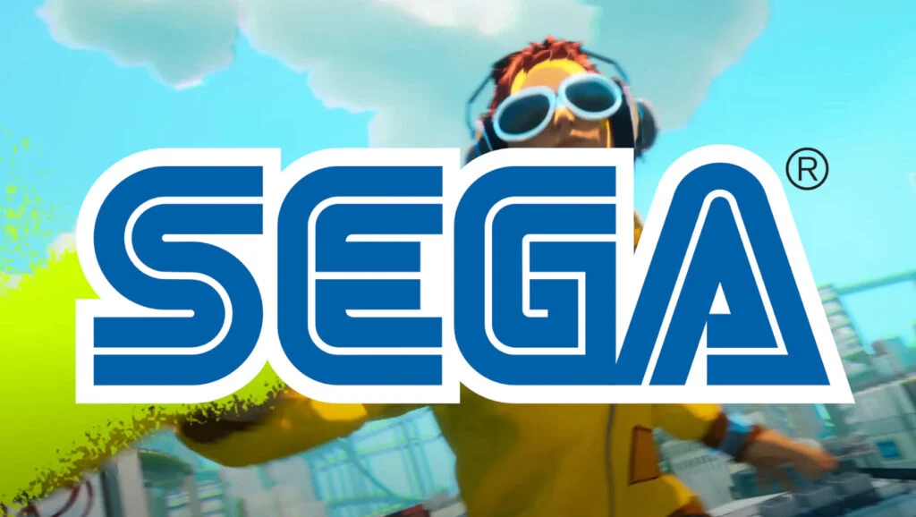 Sega logo with a background of gaming icons, symbolizing changes in game development strategy.