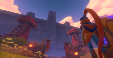 The Knightling game character standing in a lush fantasy landscape, sword in hand, with a castle in the background.