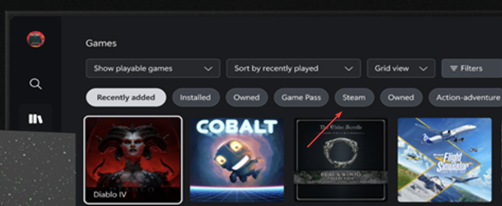 Screenshot of Xbox Game Library showing Steam filter tab, possibly teasing Steam on Xbox integration.
