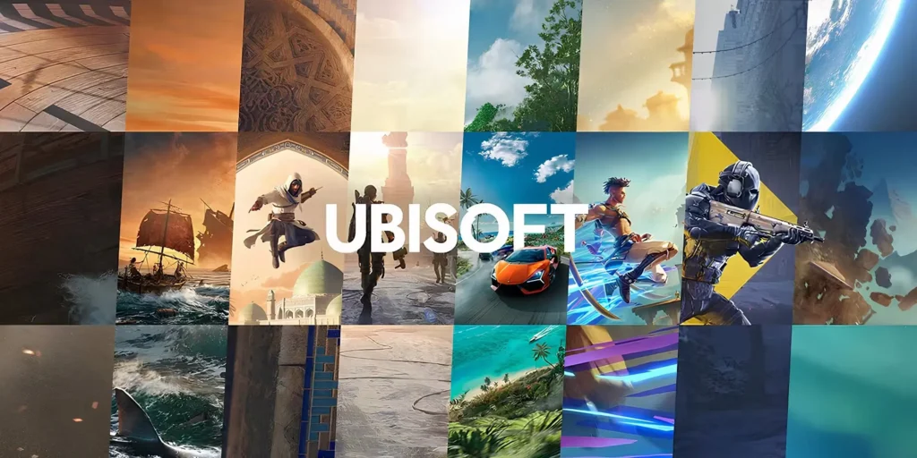 Ubisoft headquarters with logos of EA and Microsoft in the background, symbolizing potential franchise sales.