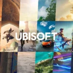 Ubisoft headquarters with logos of EA and Microsoft in the background, symbolizing potential franchise sales.