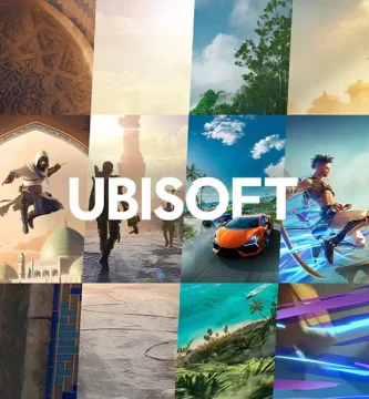 Ubisoft headquarters with logos of EA and Microsoft in the background, symbolizing potential franchise sales.
