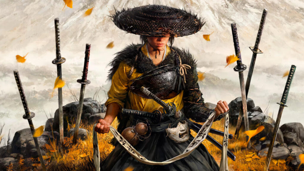 Ghost of Yotei protagonist Atsu with kusarigama weapon in snowy mountain setting