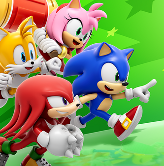 Sonic and friends leaping through a chaotic mobile battle royale course in Sonic Rumble