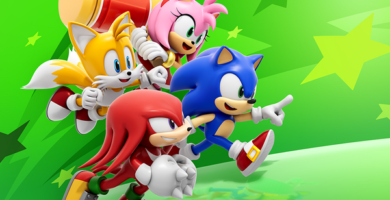 Sonic and friends leaping through a chaotic mobile battle royale course in Sonic Rumble