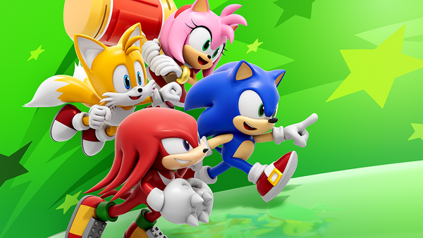 Sonic and friends leaping through a chaotic mobile battle royale course in Sonic Rumble