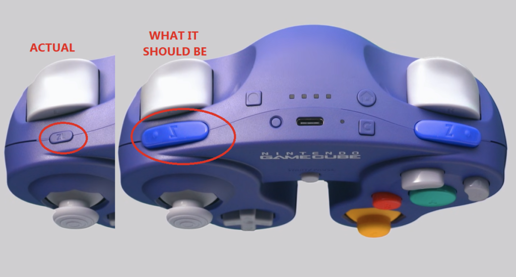 Comparison of actual and preferred Z button placement on Nintendo Switch 2 GameCube controller.