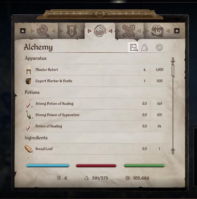 Oblivion Remastered inventory screen without item menu subcategories
