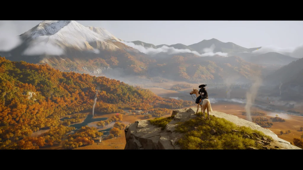 Atsu standing with a katana in front of a burning ginkgo tree in Ghost of Yotei trailer