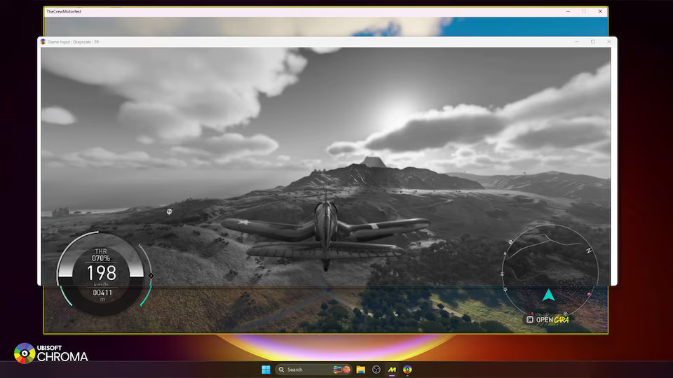Ubisoft Chroma colorblind simulation tool interface showing game screen overlay