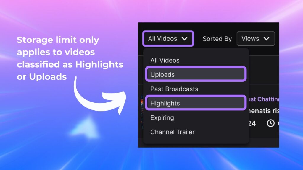 Twitch interface showing VOD management with export and download options
