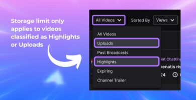 Twitch interface showing VOD management with export and download options