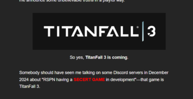 Titanfall 3 teaser art showing futuristic mech in battle stance, rumored for 2026 release
