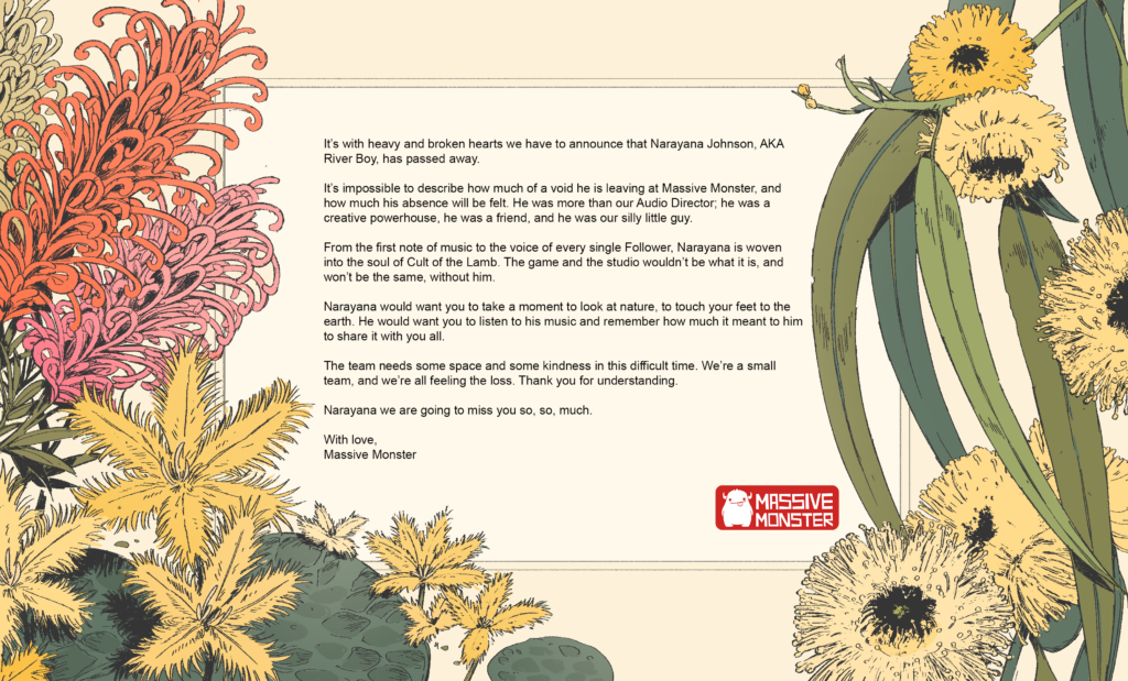 Statement from Massive Monster honoring Cult of the Lamb composer River Boy, with floral artwork