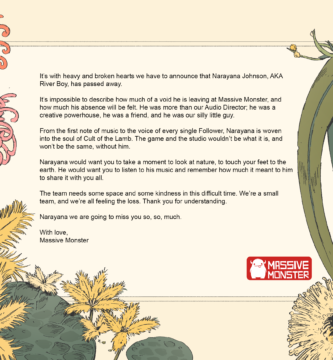 Statement from Massive Monster honoring Cult of the Lamb composer River Boy, with floral artwork
